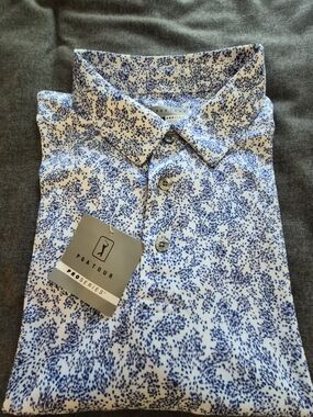 NWT PGA Tour Pro Series Athletic Fit All-Over Print Blue & White Golf Polo - L